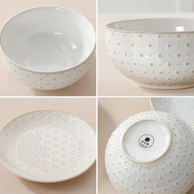 MALACASA 12 Pieces Dinnerware Sets, Modern Relief Design Plates and Bowls Sets, White Dish Set for 4, Kitchen Ceramic Dinner Plates Dishware Set, Microwave and Dishwasher Safe, Series LYDIA