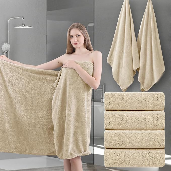4 Piece Extra Large Bath Towels Set 35x70 Inches - Luxury 600 GSM Oversized Bath Sheet Towel,Ultra Soft Microfiber - Quick Dry,Highly Absorbent Shower Towels Spa Hotel Bathroom Towel Set (Beige)