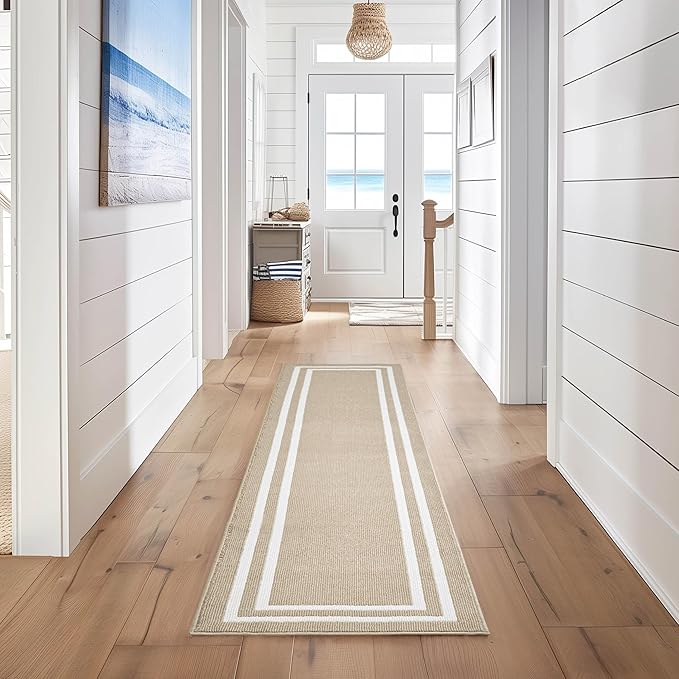 Nautica – Runner Rug | Indoor Runners for Hallways and Entry Rugs| Non-Slip and Non-Skid Entry and Kitchen Door Mat| Machine Washable Entryway Carpet Rugs | 2'6" x 10' | Double Border Beige