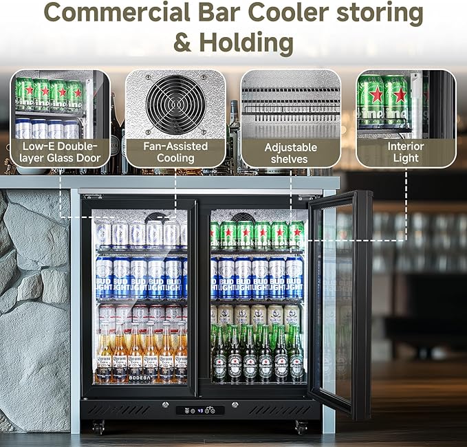 BODEGACOOLER Back Bar Cooler with 2 Glass Doors,7.7 Cu.ft Commercial Bar Beverage Refrigerator Under Counter LED Lighting for Soda Drinks,Beer,Wine with Stainless Steel Top,DOE Approved,4 Casters
