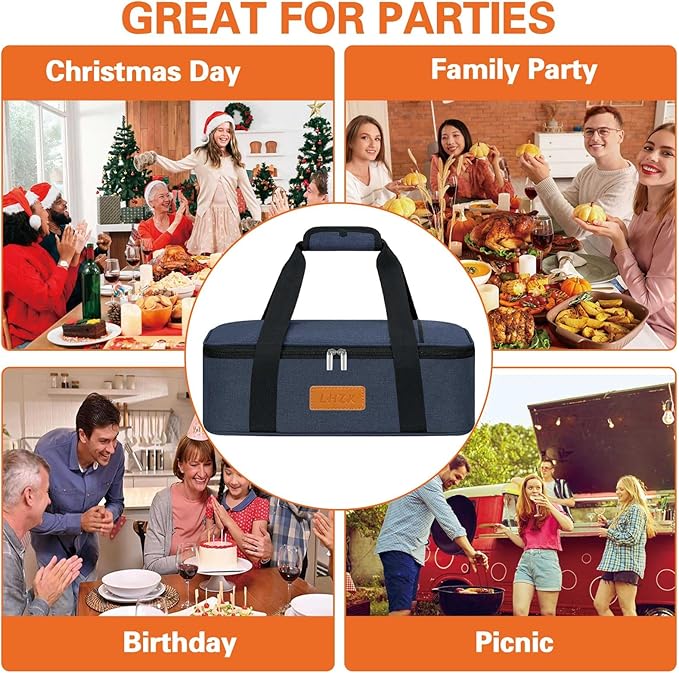 LHZK Insulated Casserole Carriers for Hot or Cold Food, Lasagna Holder Tote for Potluck Parties, Beach, Picnic, Travel, Fits 11x15 or 9x13 Dish (Blue)
