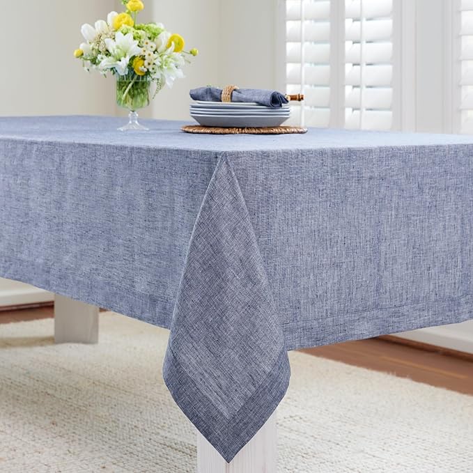 Solino Home Linen Tablecloth 60 x 90 Inch - 100% Pure Linen Chambray Indigo Table Cloth for Rectangle Tables - Athena, Machine Washable Tablecloth for Christmas, New Year