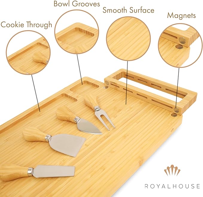 RoyalHouse Bamboo Cheese Board and Knife Set with Magnetic Holder - Serving Tray for Crackers, Meat, and Wine - Anniversary and Wedding Gift