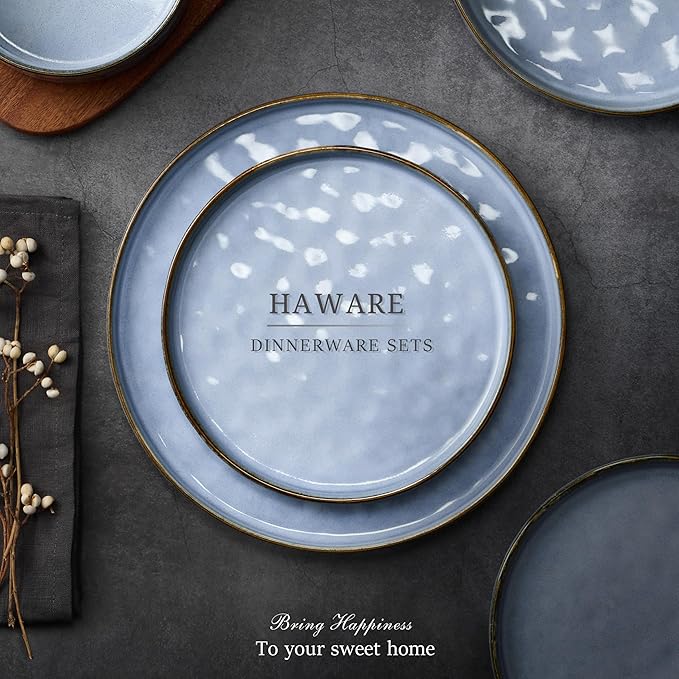 HaWare Dinnerware Sets, 18-Piece Plates and Bowls Set, Stoneware Dish Set for 6, Ceramic Dinnerware for Home Restaurant, Chip and Scratch Resistant, Microwave and Dishwasher Safe, Reactive Blue