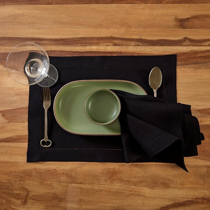 Solino Home Linen Placemats Set of 4 - Medium Weight Hemstitch Black Placemats 14 x 19 Inch - 100% Pure Linen Table Place Mats for Winter, New Year