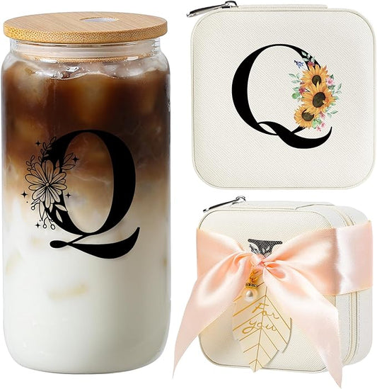 AYGXU Teacher appreciation gifts for women,glass cup with bamboo lid and straw,end of year teacher gifts,aesthetic cups,Travel Gifts for Teacher,best teacher appreciation gifts,Initial Q white