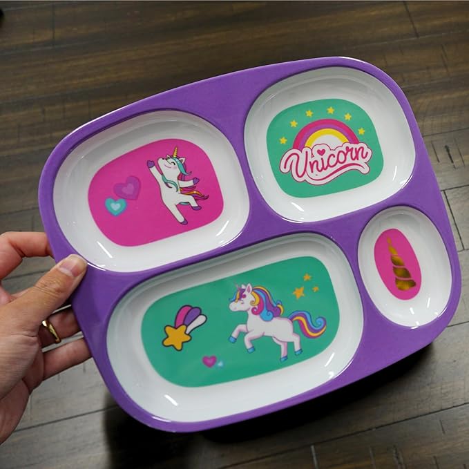 4E's Novelty 4 Melamine Dinner Plate for Kids Girls, Plastic Mealtime Divided Plates, Dinnerware Dishes Set For Toddlers Picky Eaters, BPA Free, Princess, Unicorn, Sea Life, Cat