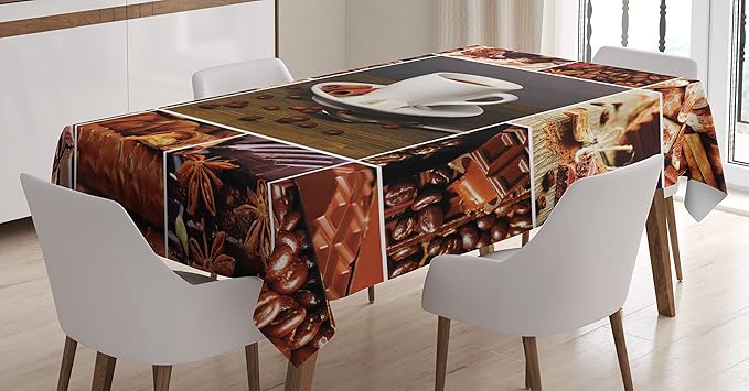 Ambesonne Brown Tablecloth, Coffee and Chocolate Themed Collage Mug Cinnamon Bars Cocoa Tasty Yummy Snacks, Dining Room Kitchen Rectangular Table Cover, 60" X 84", White Brown
