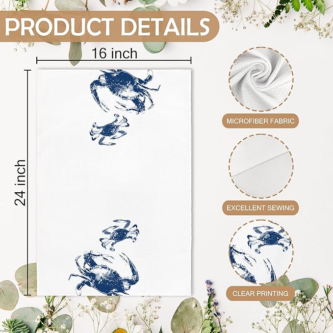 Coastal Crab Beach Decor Dish Hand Tea Towels for Bathroom Kitchen, Blue Crab Ocean Nautical Beachy Bathroom Decor, Coastal Nautical Kitchen Towels and Dishcloths Sets of 2, 16x24 Inches