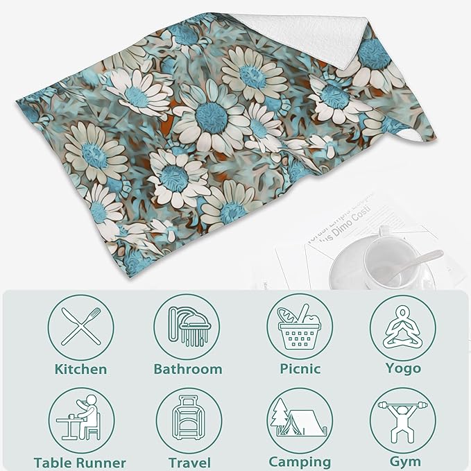 Teal Daisy Flowers Hand Towels for Bathroom,Field Flowers Hand Towel Set of 2 Face Washcloths Fingertip Kitchen Towels 28 x 14 Inch Soft Towels for Gym Hotel