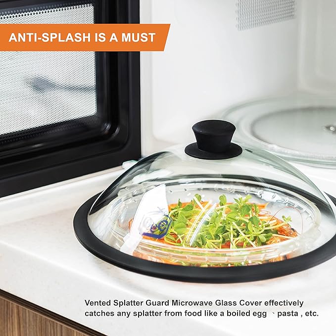 OEC Vented Splatter Guard Microwave Glass Cover for Food with Easy-Grip Handle, 11.7 inch Diameter, 100% Food Grade Tempered Glass & BPA Free Silicone Rim with Steam Vent, Dishwasher Safe