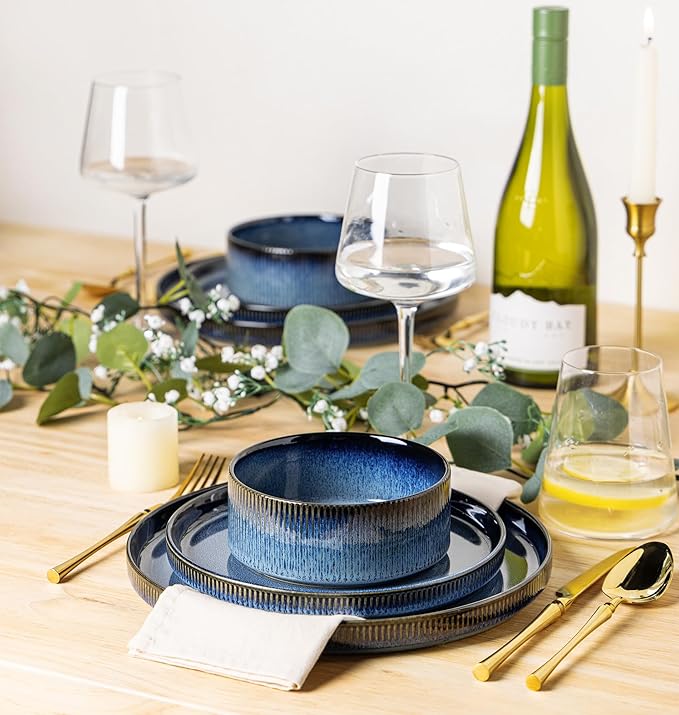TheTerra Ceramic Dinnerware Sets for 4, 12 Pieces Porcelain Lightweight Plates and Bowls Sets, Scratch Resistant Dish Set, Oven & Microwave & Dishwasher Safe, Starry Blue