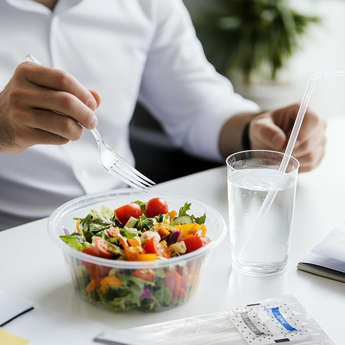 100 pack | Clear Heavy Duty Plastic Disposable Cutlery Set | 6 in 1 Utensil Set with Fork, Spoon, Knife, Napkin, Straw, Salt/Pepper Packets