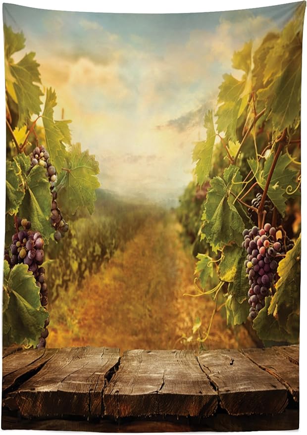 Ambesonne Vineyard Tablecloth, Vineyard Ripe Grapes Natural Rustic Country Landscape Scenery Orchads Wine, Dining Room Kitchen Rectangular Table Cover, 60" X 84", Green Brown