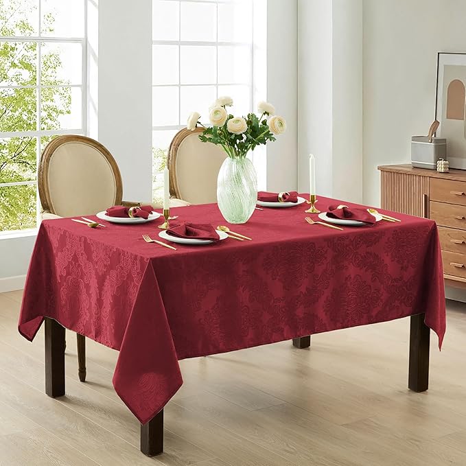 Newbridge Christmas Barcelona Damask Fabric Tablecloth, 60 x 102 Inch Rectangle, Burgundy – No Iron, Soil Resistant Table Cover for Dining, Parties and Holidays