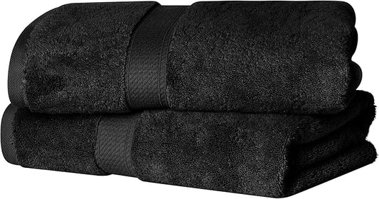 Superior Egyptian Cotton Pile Bath Towel Set of 2, Ultra Soft Luxury Towels, Thick Plush Essentials, Absorbent Heavyweight, Guest Bath, Hotel, Spa, Home Bathroom, Shower Basics, Black