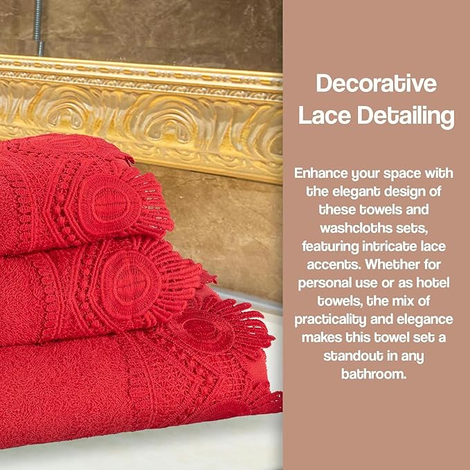 3 Piece Laced Bath Towels Set for Bathroom, Bath, Hand & Wash Cloths, Decorative Stylish Plush Cotton Washcloths - Showering, Face & Body Washing, Airbnb Essentials & Host Accessories, Red