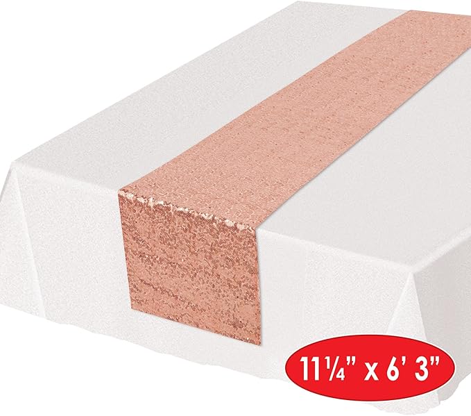 Beistle Sequined Fabric Table Runner Wedding Decorations, Anniversary Tableware, 11.25" x 75", Rose Gold