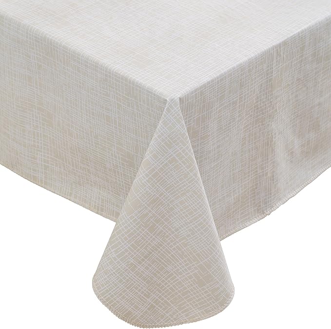 Heavy Duty Vinyl Tablecloth with Flannel Backing Waterproof Oil-Proof Plastic Table Cloth Stain-Resistant Wipeable Rectangle or Square Table Cover for Indoor and Outdoor (Beige Striped,52x70 Inch)