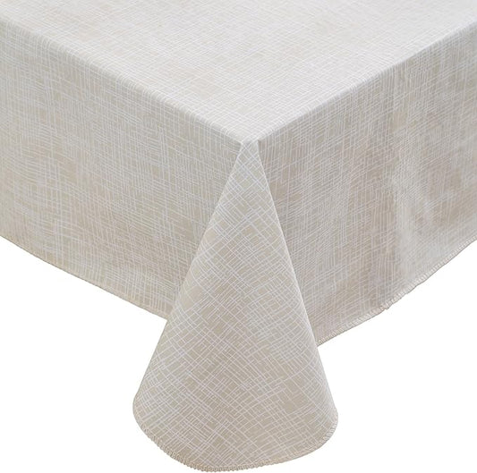 Heavy Duty Vinyl Tablecloth with Flannel Backing Waterproof Oil-Proof Plastic Table Cloth Stain-Resistant Wipeable Rectangle or Square Table Cover for Indoor and Outdoor (Beige Striped,54x54 Inch)