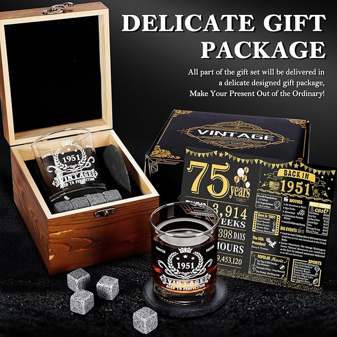 YeohJoy 75th Birthday Gifts for Men,Vintage 1951 Whiskey Glass Set,Wood Box & Whiskey Stones & 1951 Poster Anniversary Card & Coaster,Birthday Gifts Ideas for Him,Husband,Dad
