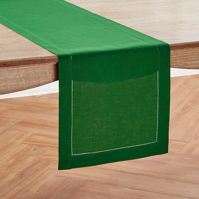 Solino Home Linen Garden Green Table Runner 90 Inches Long - 100% Pure Linen Hemstitch 14 x 90 Inch Table Runner for Dining, Winter, New Year - Classic Hemstitch