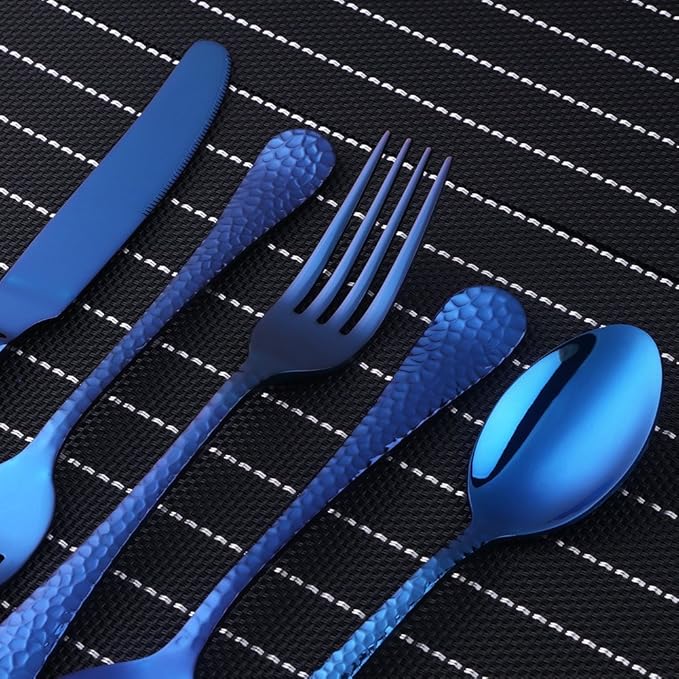 5-Piece Blue Silverware Flatware Set Service for 1 Stainless Steel Cutlery Set Include Dinner Knife Table Fork Table Spoon Salad Fork Tea Spoon for Wedding, Dishwasher Safe