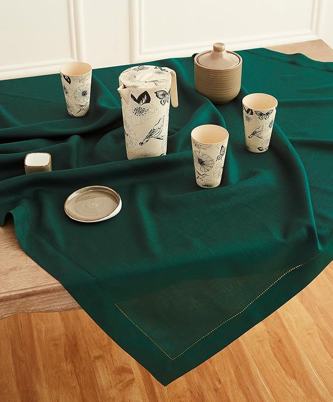 Solino Home Rainforest Green Linen Tablecloth 52 x 52 Inch - 100% Pure Linen Square Table Throw - Classic Hemstitch, Machine Washable Table Cloth for Winter, New Year