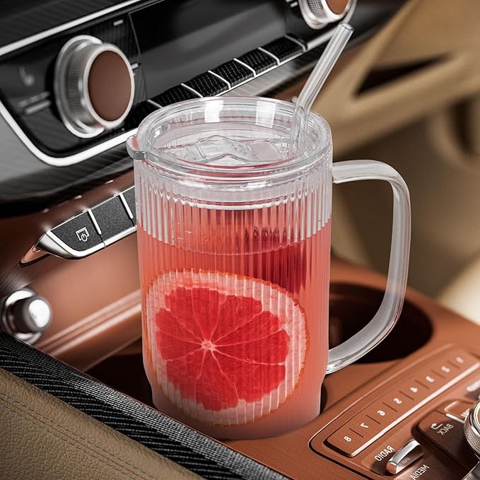 GOSCHE Glass Cups with Lids and Straws, Glass Tumbler with Handle for Iced Coffee, Tea, Juice, Smoothies, 24oz Drinking Cup with Plastic Lid for Hot & Cold Beverages, 2 Pcs