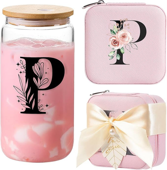 AYGXU Travel Jewelry Organizer, 16oz Glass Cups with Bamboo Lids, Aesthetic Coffee Cups, Graduation Travel Essentials Small Jewelry Box, Personalized Jewelry Boxes for Women, Initial P Pink