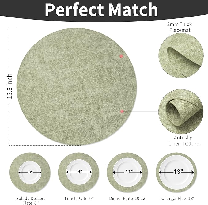 Maxpearl Round Placemats Set of 6, 13.8 inch Faux Leather Heat Resistant Table Mats, Non Slip Waterproof Wipeable Place Mats for Kitchen Dining Holiday Party Table Settings, Sage Green