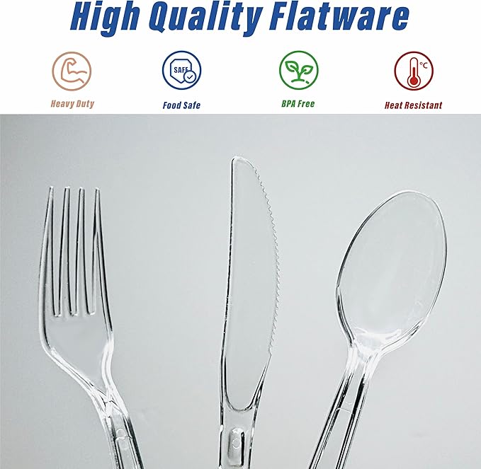 360 Count Heavy Duty Plastic Silverware, Disposable Clear Plastic Utensils Set, 150 Forks, 150 Spoons, 60 Knives, BPA-Free, Heat Resistant; Cutlery Set for Party