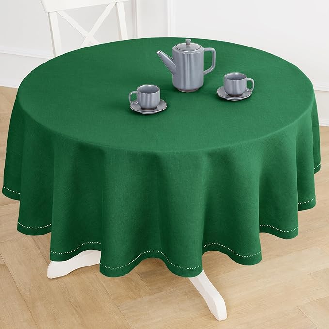 Solino Home Linen 60 Inch Round Tablecloth - 100% Pure Linen Green Round Tablecloth - Machine Washable Table Cloth for Christmas, New Year - Sonoma Hemstitch