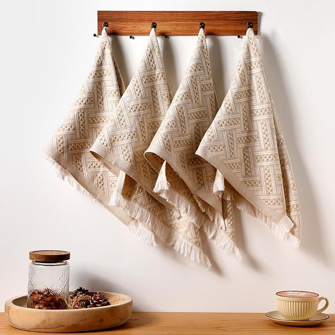 4 Pack Boho Bathroom Hand Towel 14 x 30 Inch 100% Turkish Cotton Decorative Boho Kitchen Hand Towel Farmhouse Bathroom Decor Set Absorbent Soft Guest Tea Gift(Brown,White)