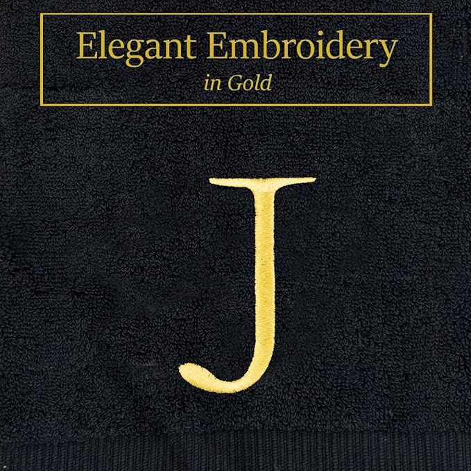 Black, Letter Hand Towel for Bathroom - Monogrammed Initial Hotel Quality Decorative Embroidered Towel for Powder Room, Spa - GOTS Organic Certified - Pack of 2, Letter J