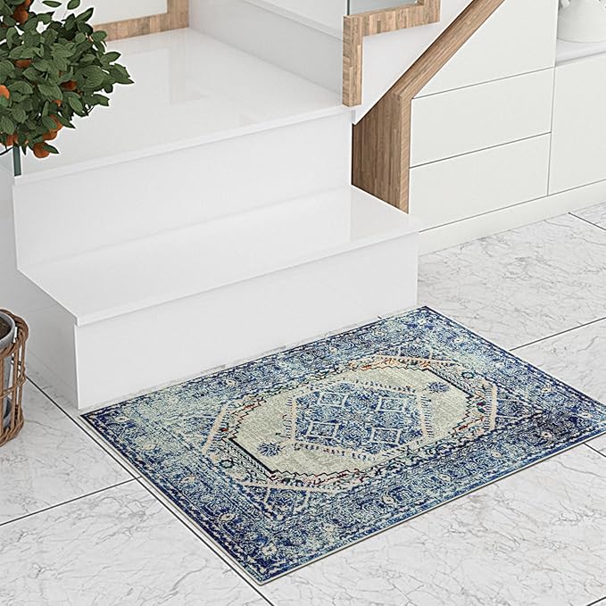 Easy-Going Boho Area Rug 2x3 Washable Entryway Rugs Front Door Mat Indoor Entrance Non-Slip Vintage Distressed Small Entry Rug for Living Room Kitchen Bathroom Office Lightweight Carpet, Blue Cream