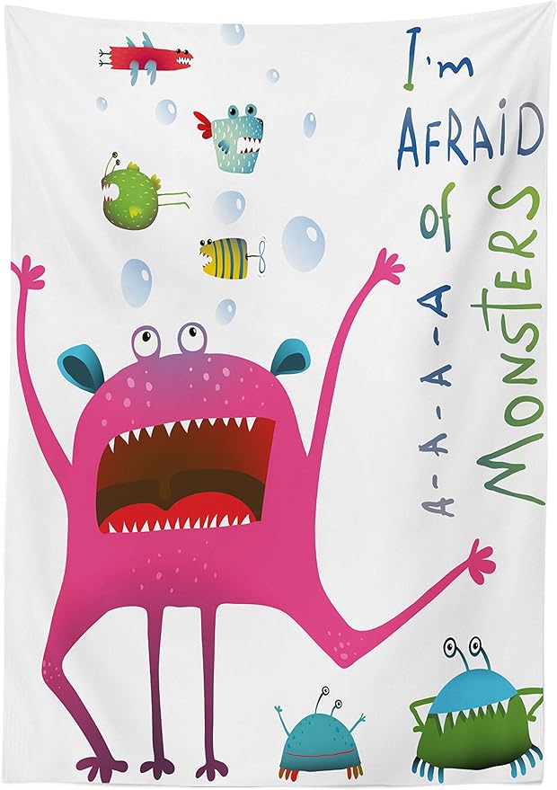 Ambesonne Funny Tablecloth, Underwater Beast Creature Fun Monster Fish Im Afraid of Monsters Words, Rectangular Table Cover for Dining Room Kitchen Decor, 60" X 84", Green Pink