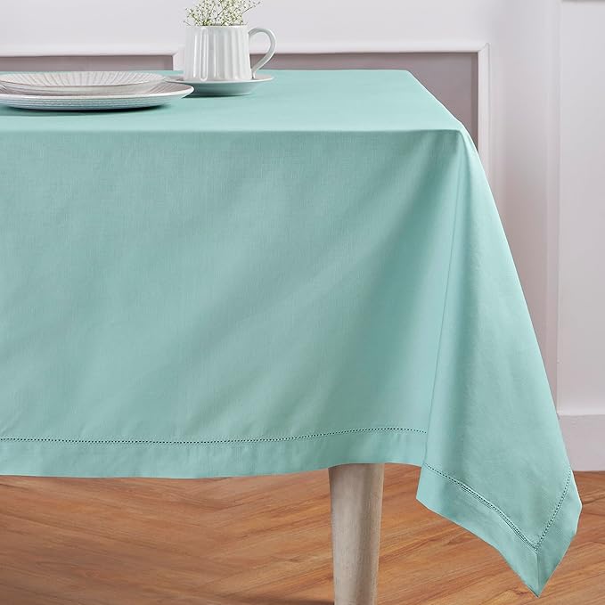 Solino Home Cotton Linen Tablecloth 58 x 104 Inch - Hemstitch Pastel Turquoise Table Cloth for Rectangle Tables - Machine Washable Tablecloth