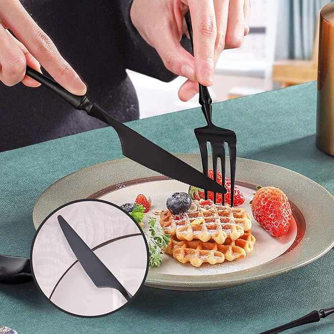 Lemeya 20-Piece Matte Black Silverware Set for 4,Modern 18/10 Stainless Steel Flatware Set,Unique Rustic Cutlery Utensils Set,Spoon and Fork Set for Home, Restaurant,Mirror Polished,Dishwasher Safe