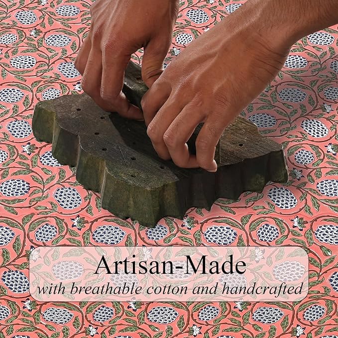 Ridhi Dark Salmon Pink Hand Block Print Cotton Rectangle Tablecloth 118" x 70" inches Reusable Table Cover Decorative Everyday Use for Dining, Farmhouse, Home, Party, Festive, Wedding, Fall