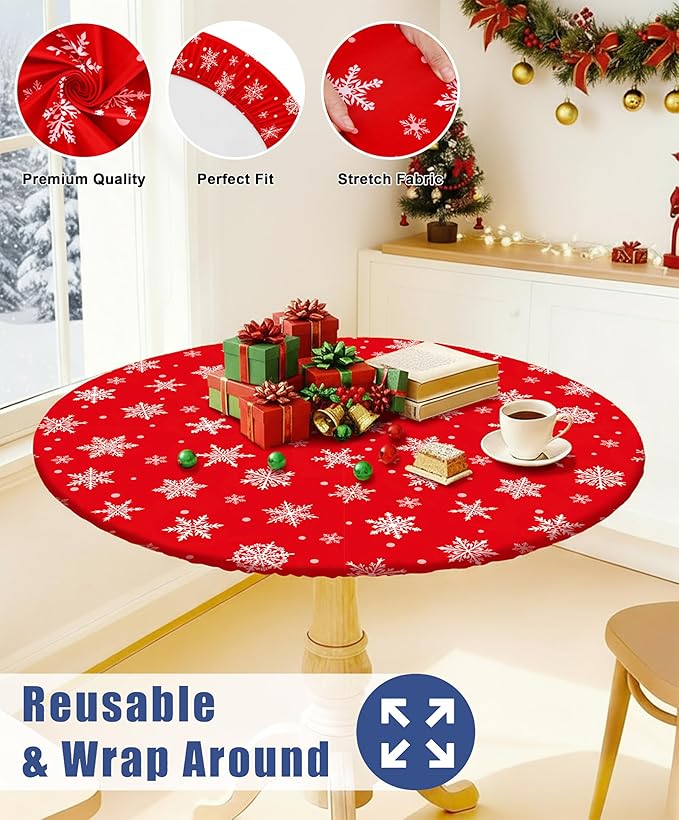 Round Spandex Christmas Tablecloth, Elastic Fitted Waterproof Tablecloths for 36"-44" Tables, Stretch Washable Picnic Table Cover for Christmas Dinner, Dot Snowflake