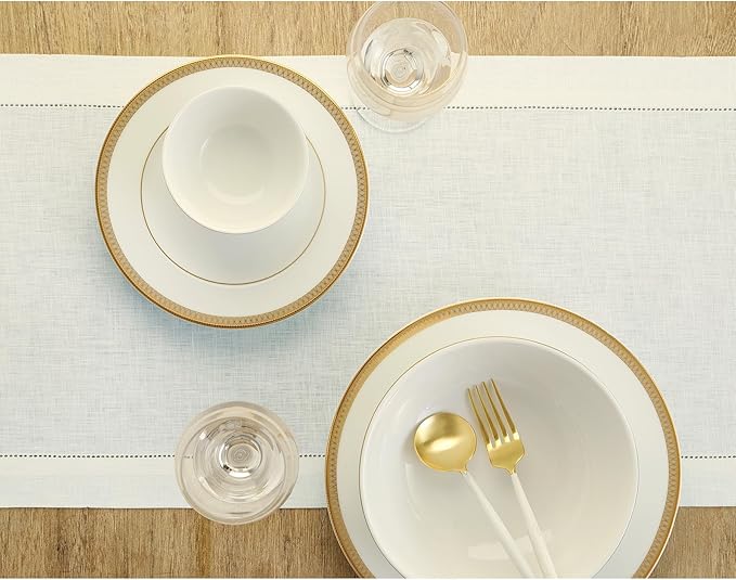 Solino Home Linen Ivory Table Runner 120 Inches Long - 100% Pure Linen 14 x 120 Inch Table Runner for New Year - Classic Hemstitch