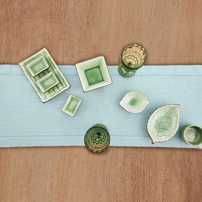 Solino Home Linen Aqua Blue Table Runner 60 Inches - Classic Hemstitch, 100% Pure Linen Coffee Table Runner 14 x 60 Inch Ideal for Dresser Tables - Winter