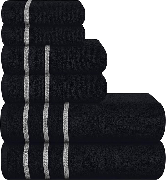 MyOwn Ultra Soft 6 Pack Cotton Towel Set, Contains 2 Bath Towels 28x55 inch, 2 Hand Towels 16x24 inch & 2 Wash Coths 12x12 inch, Ideal Everyday use, Compact & Lightweight - Black, 71645