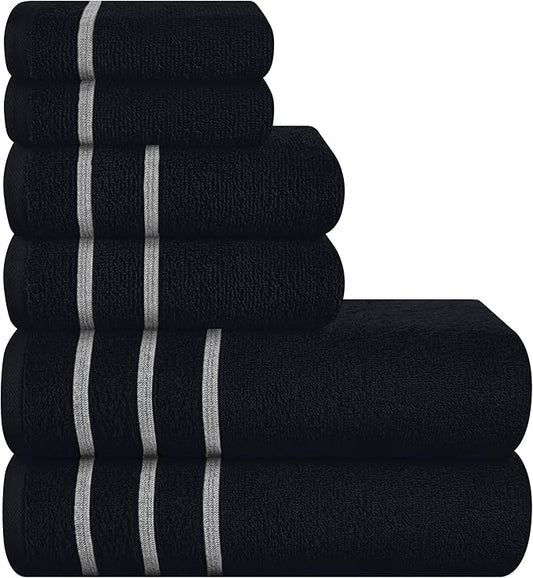 MyOwn Ultra Soft 6 Pack Cotton Towel Set, Contains 2 Bath Towels 28x55 inch, 2 Hand Towels 16x24 inch & 2 Wash Coths 12x12 inch, Ideal Everyday use, Compact & Lightweight - Black, 71645