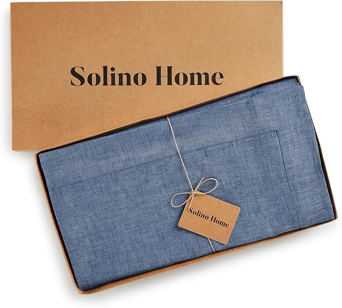 Solino Home Linen Tablecloth 60 x 144 Inch - 100% Pure Linen Blue Denim Table Cloth for Rectangle Tables - Athena, Machine Washable Tablecloth for Christmas, New Year