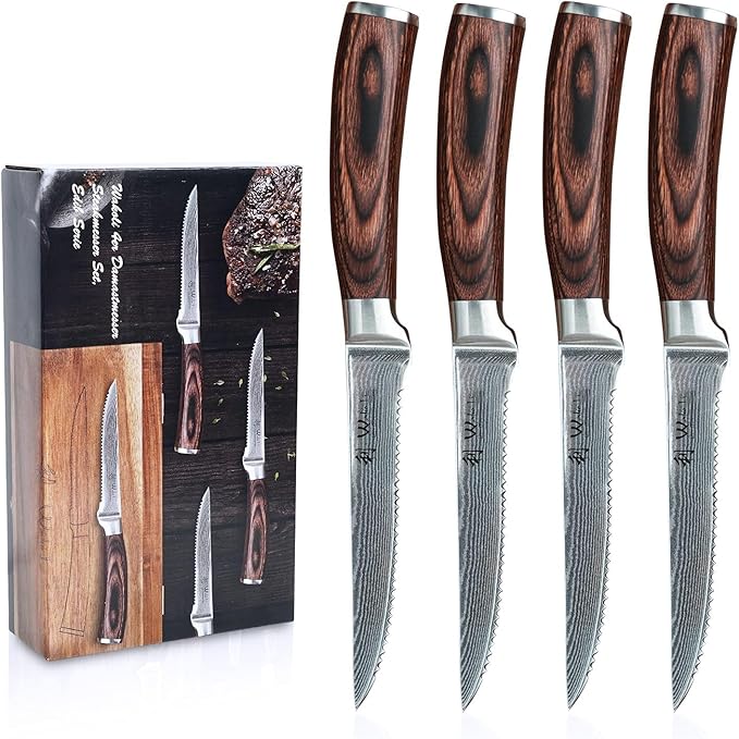 Wakoli EDIB 4-Piece Damascus Steak Knife Set – Professional Dining Kitchen Knives with VG10 Core Blades, 67-Layer Damascus Steel & Ergonomic Pakkawood Handles – Premium Steak Cutlery in Gift Box
