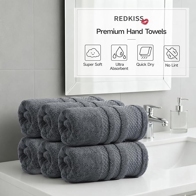 REDKISS 6 Pack Premium Hand Towels for Bathroom, 13 x 30 inch, 100% Cotton Hand Towel Set of 6, Super Soft and Highly Absorbent Towels for Bathroom, Gym, Spa, Shower, and Hotel, Gray