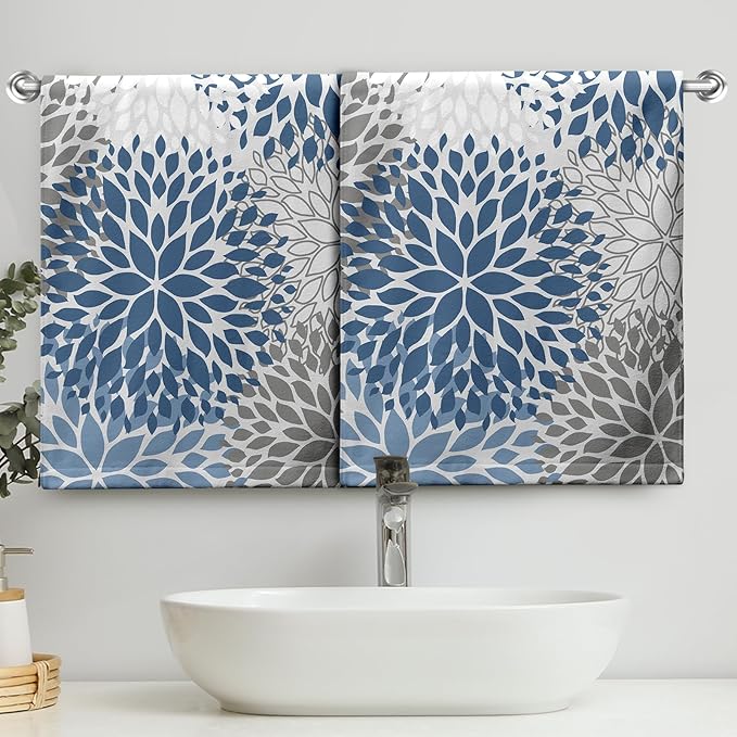 2 Pack Dahlia Flower Hand Towels for Bathroom Blue and Gray Floral Kitchen Dish Towels Soft Absorbent Decorative Tea Towel for Summer Bath Kitchen Gym Spa 14.4 x 28.3 Inch