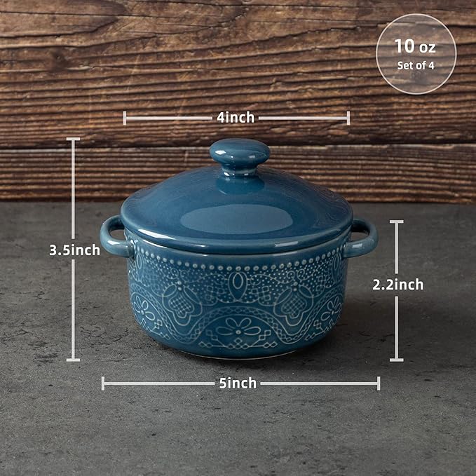 Mini Cocotte Set, 10 OZ Small Casserole Dishes with Lids, Ceramic Kitchen Casserole Sets With Handles, French Onion Soup Bowls, Soup Crocks for French Onion, Desserts, Beef Stew, Cereal, Pot Pies, Set of 4 (Blue)